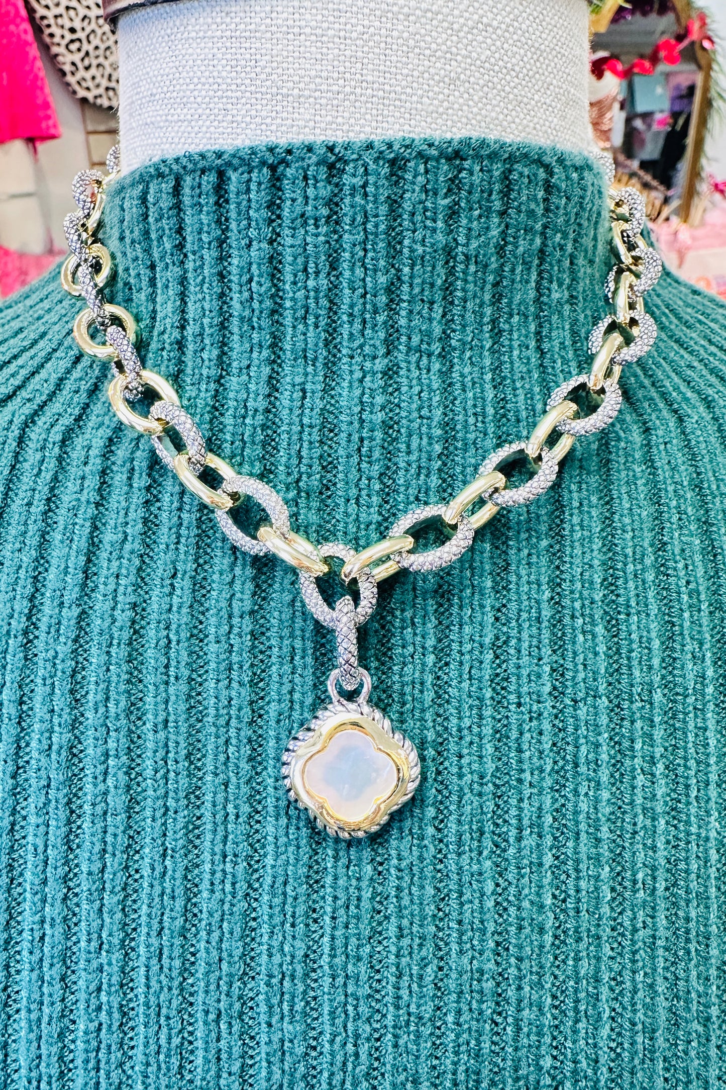 Luxe Gold and Silver Gemstone Link Necklace Clover Necklace