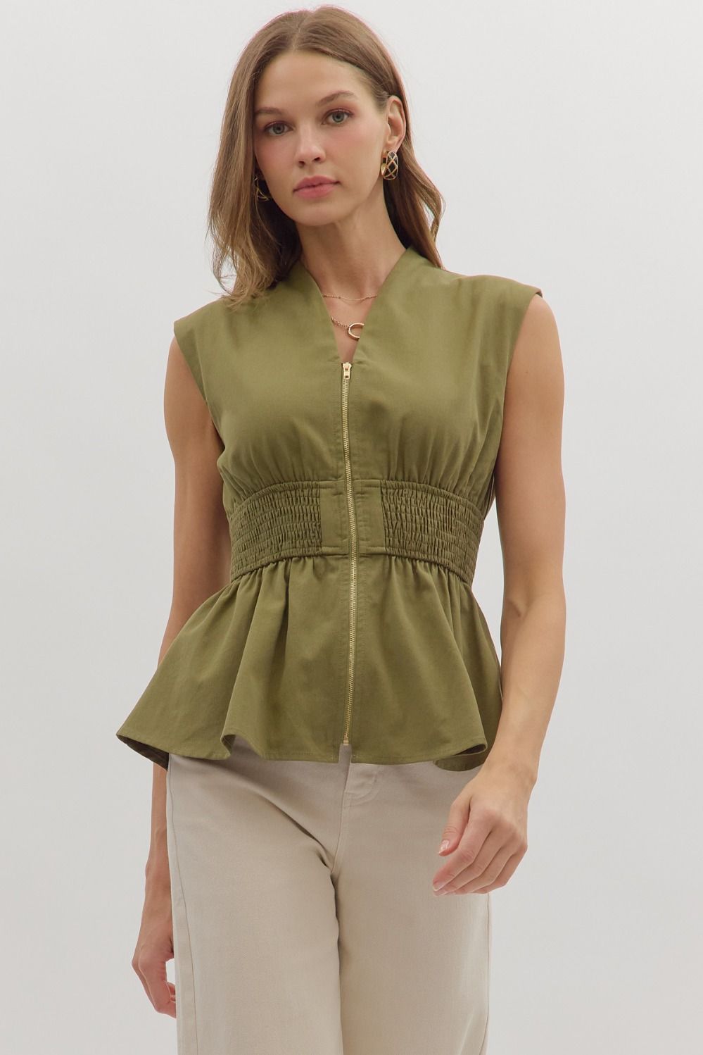 Olive Zipline Peplum Top