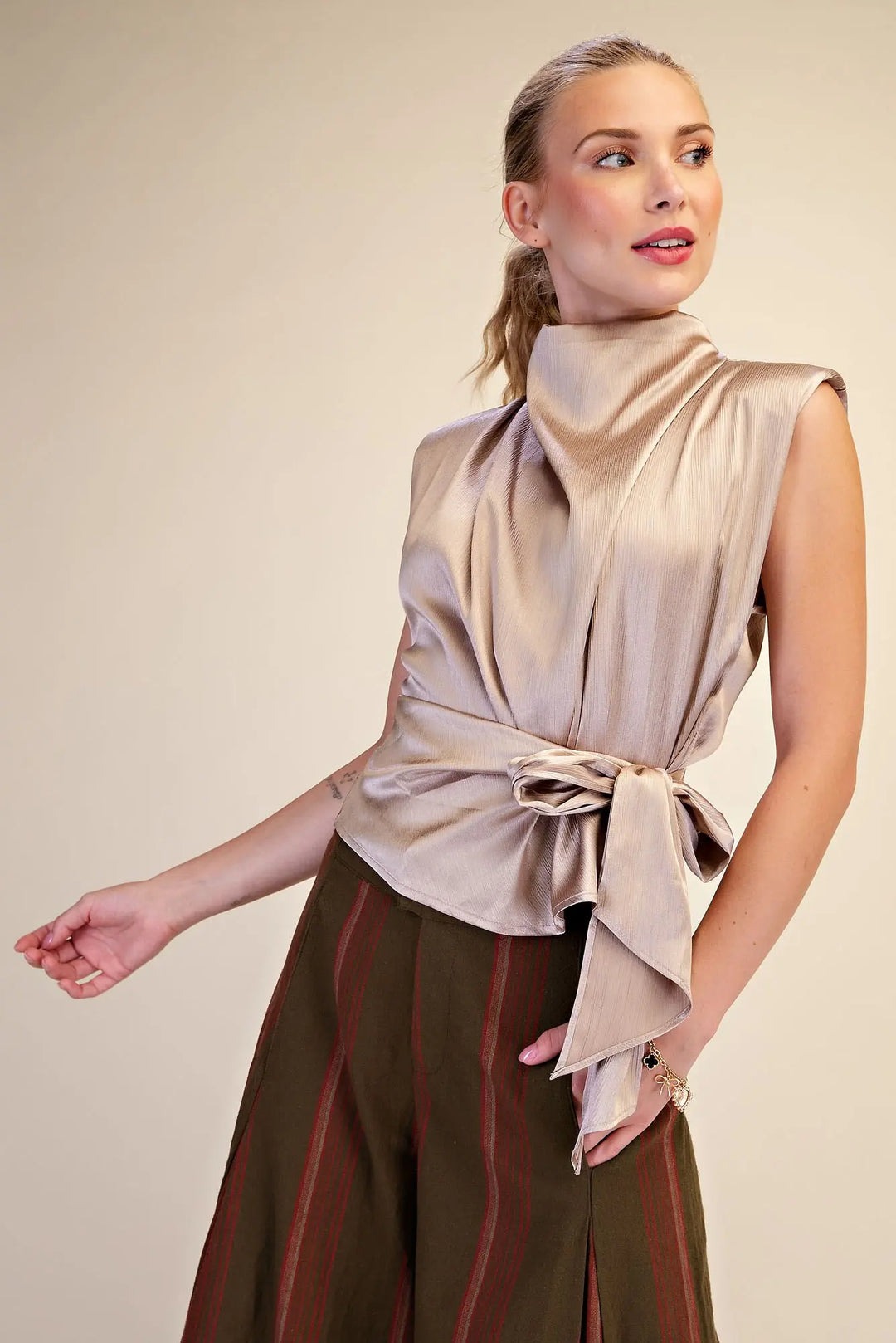 The Camille Satin Wrap Tie Top – Taupe