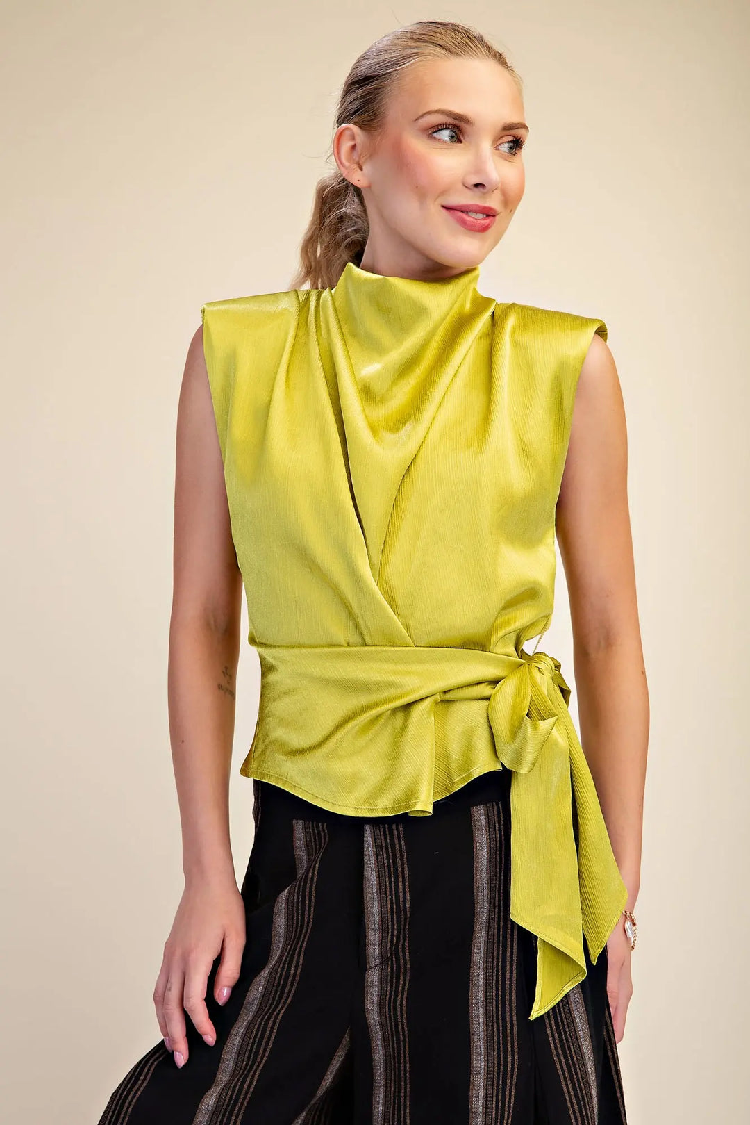 The Camille Satin Wrap Tie Top – Lime Green
