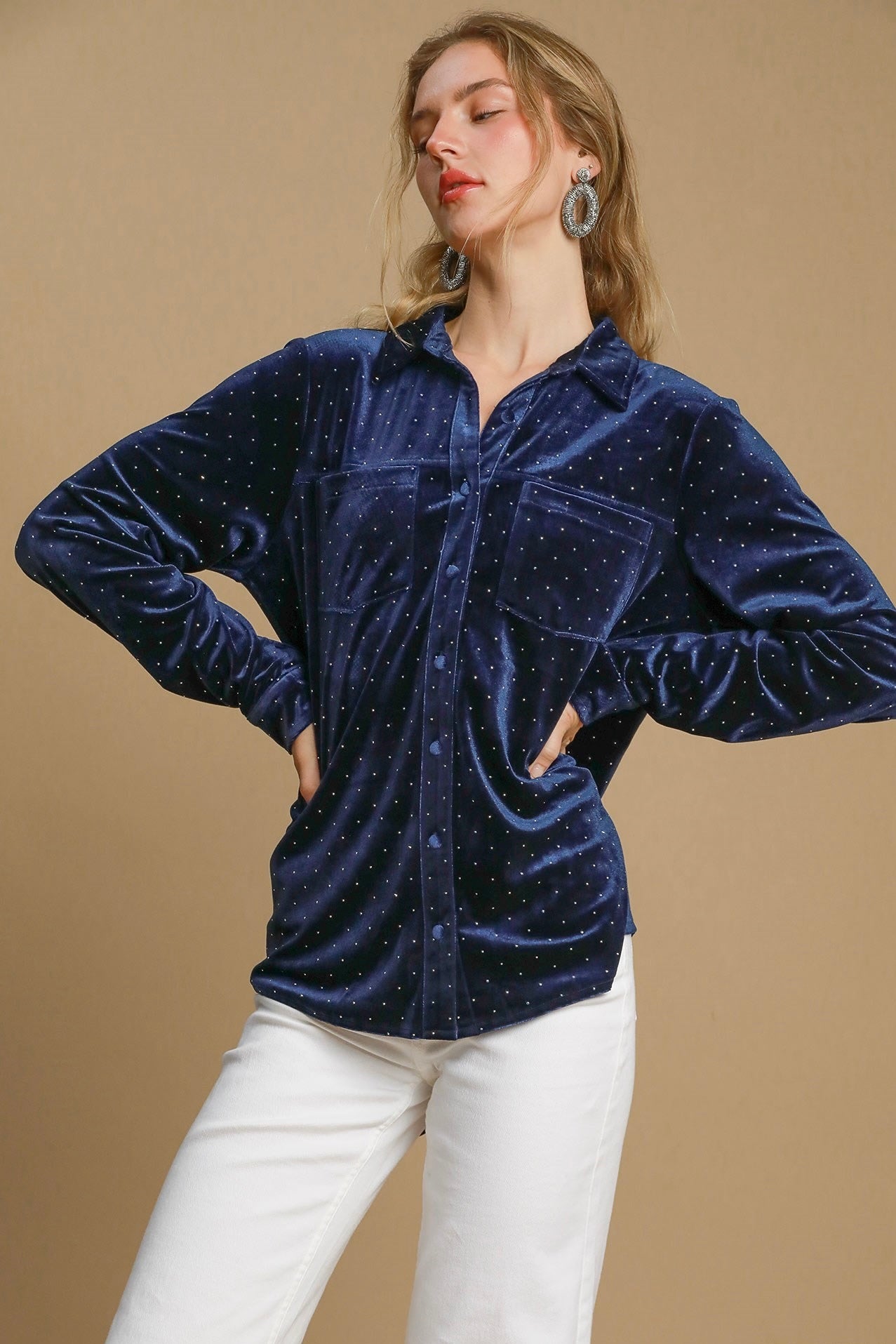 Velvet Button Down Rhinestone Top