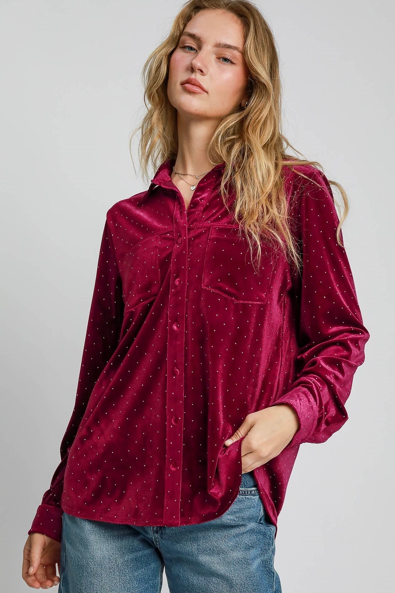 Velvet Button Down Rhinestone Top