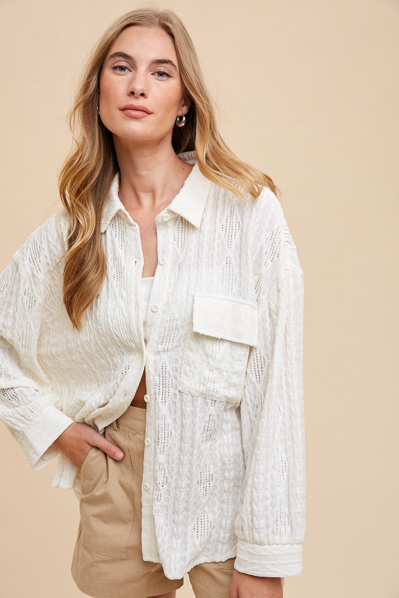 Lace Textured White Button Down