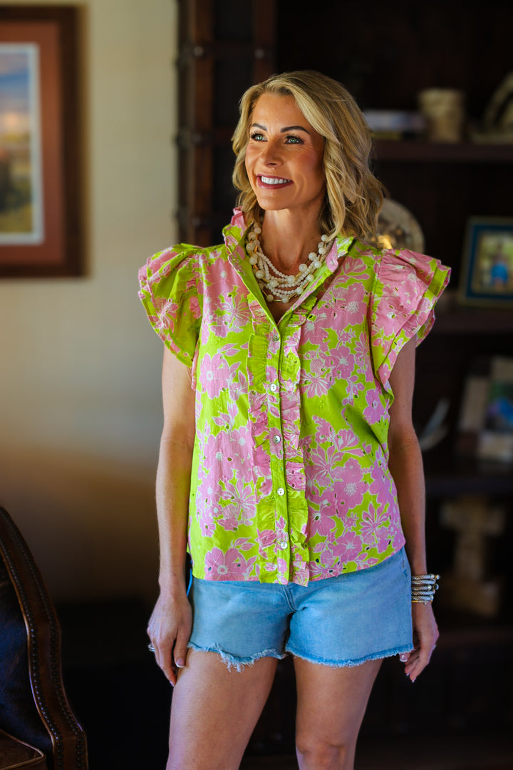 Palm Blush Ruffle Top