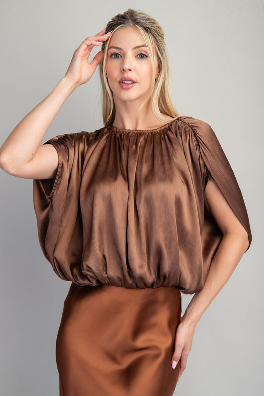 Brown Round Neck Bubble Hem Top