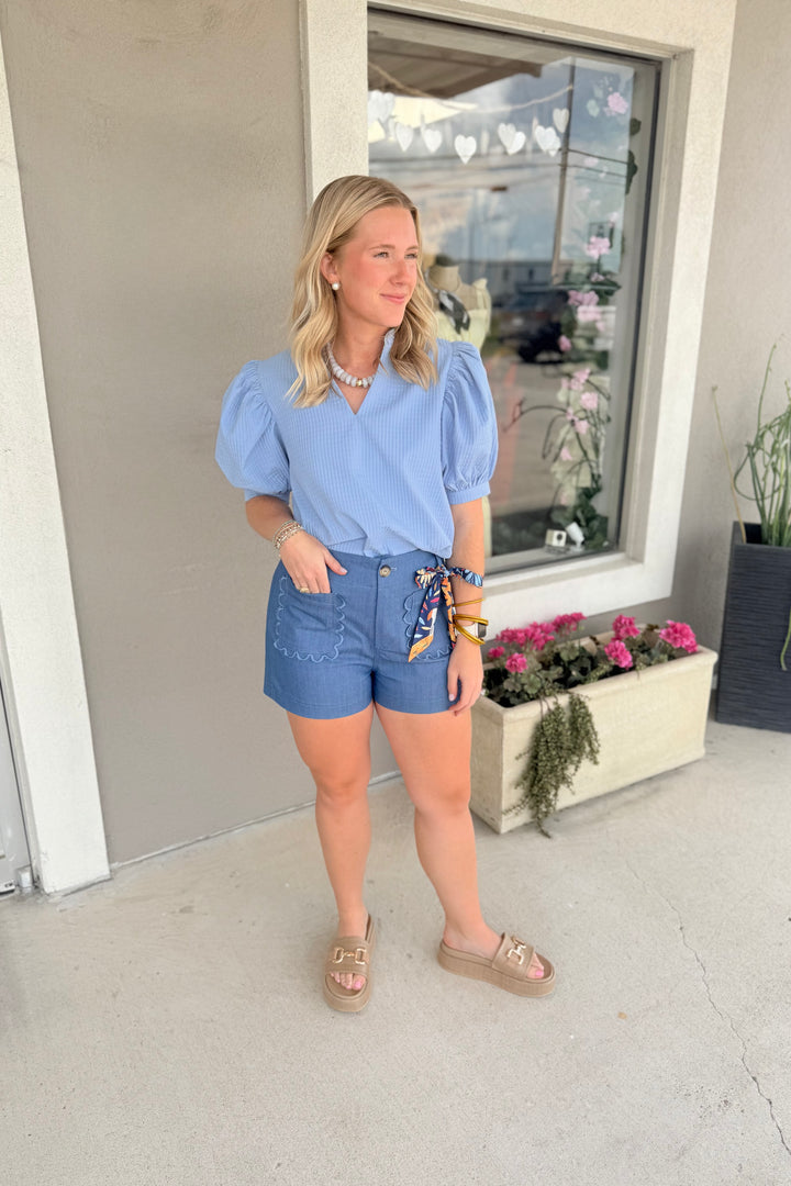 The Textured Puff Sleeve Top - Blue
