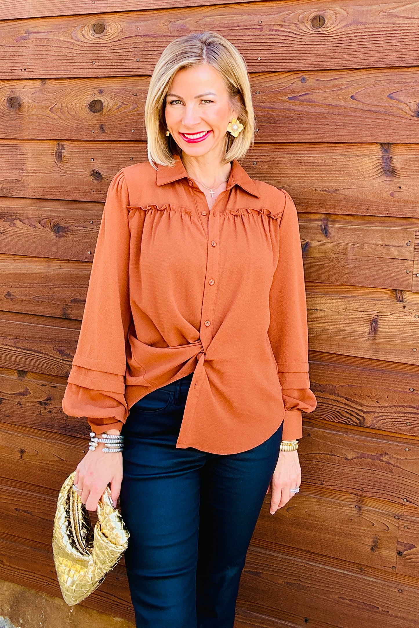 Button Down Ruffle Long Sleeve Top