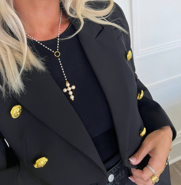 The Lariat Pearl Cross Necklace