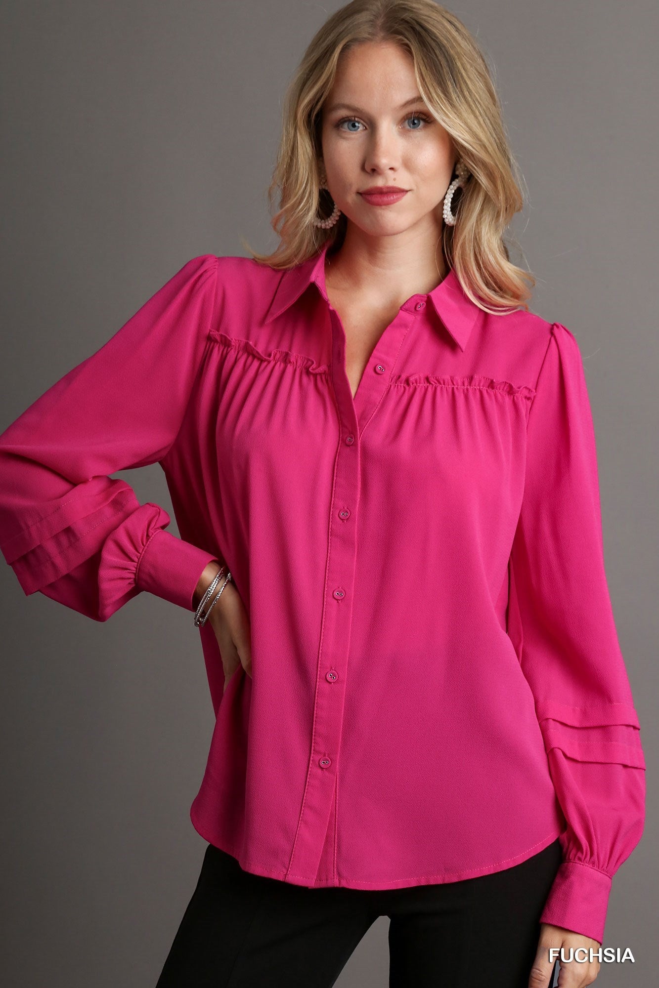 Button Down Ruffle Long Sleeve Top