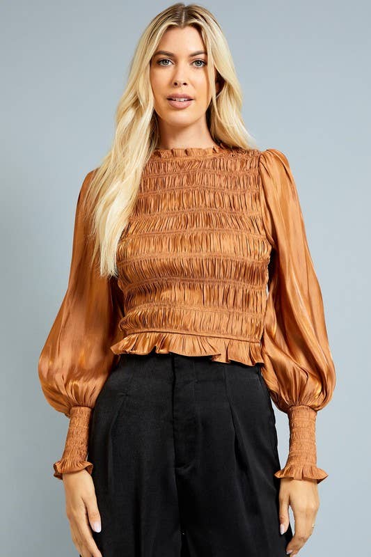 Camel Balloon Sleeve Smocked Top