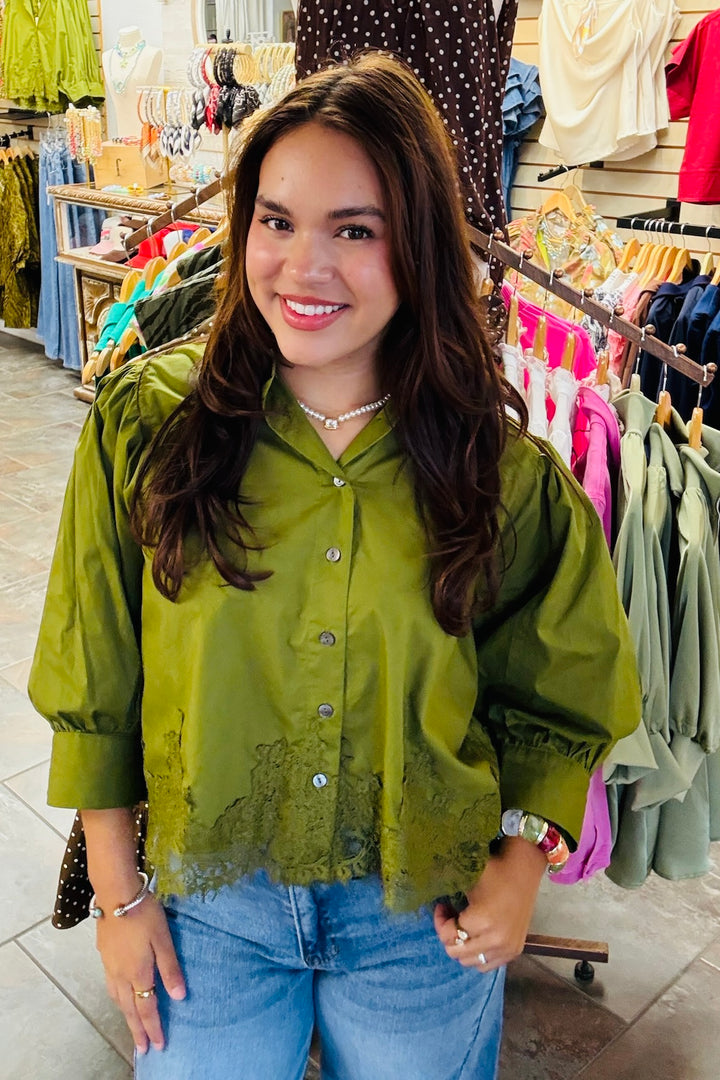 Lace-Trim Button-Down Shirt, Martini Olive