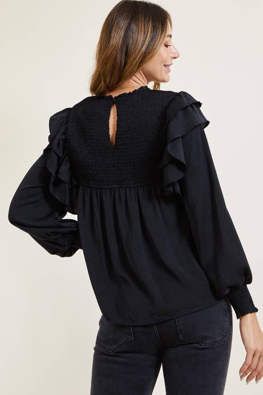 Black Smocked Ruffle Top