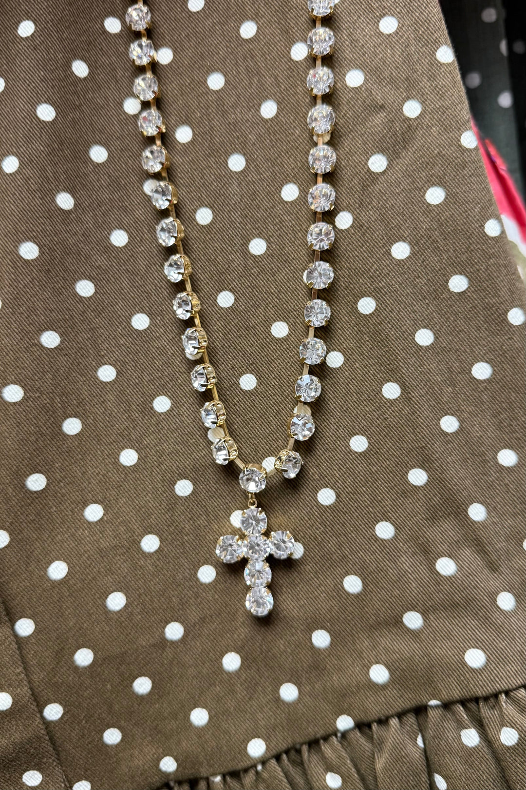 Rhinestone Cross Pendant Necklace – Gold, Clear Crystal