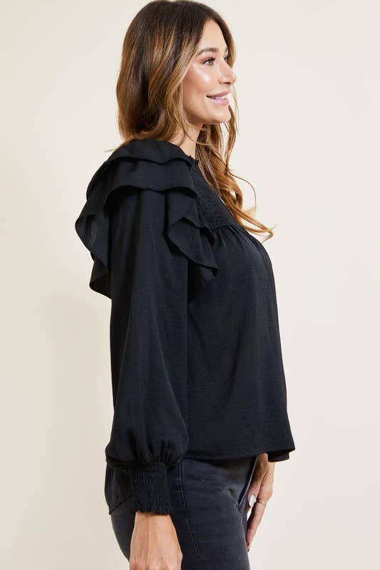 Black Smocked Ruffle Top