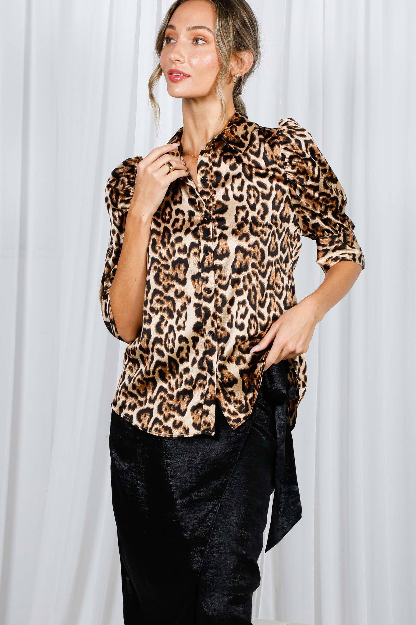 Printed Collared Puff Sleeve Satin Top