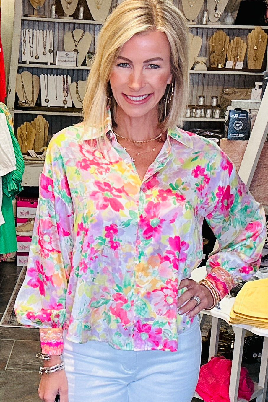 Satin Floral Button Top