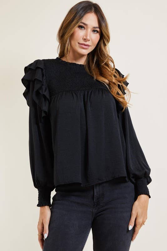 Black Smocked Ruffle Top