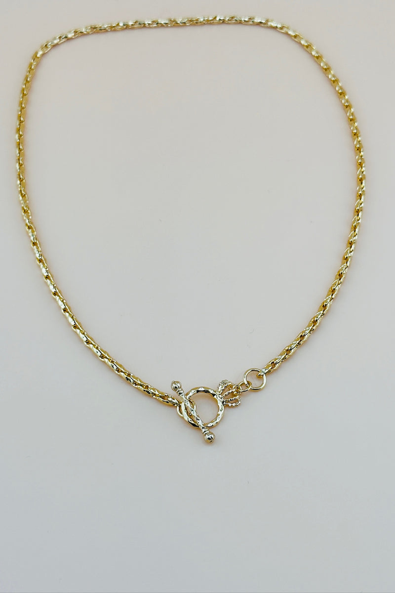 Gold Plated Gold Box Chain Necklace with Crown Toggle