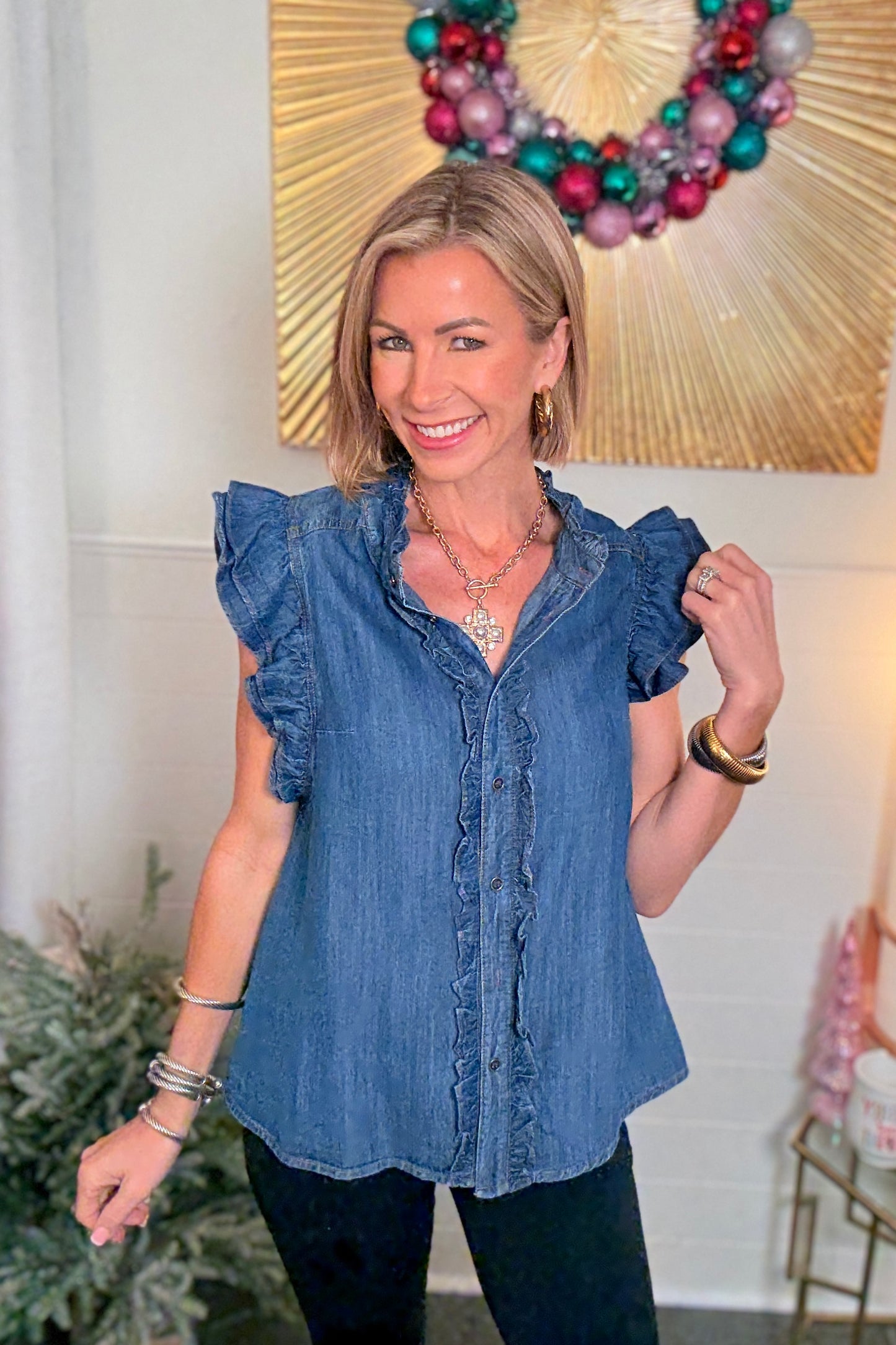 The Reyna Ruffle Denim Top