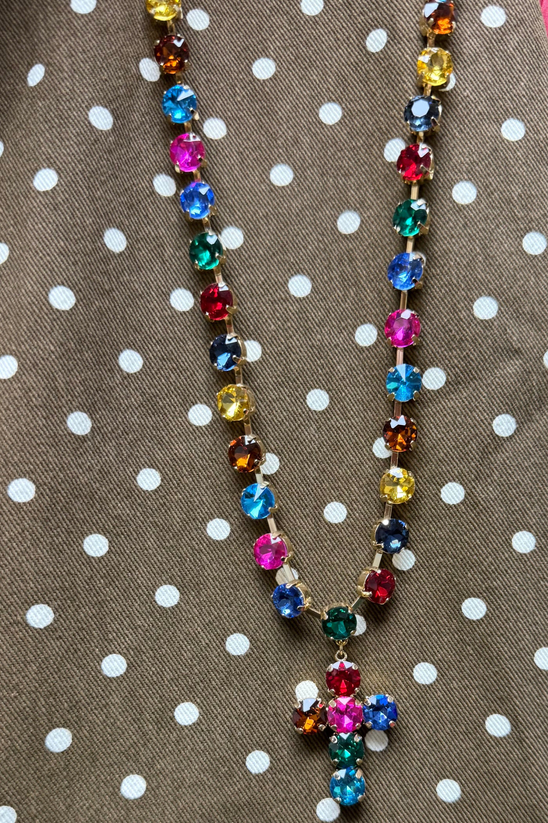 Rhinestone Cross Pendant Necklace – Gold, Multi-Colored