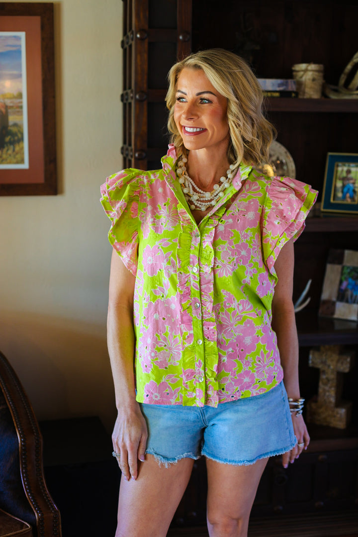 Palm Blush Ruffle Top