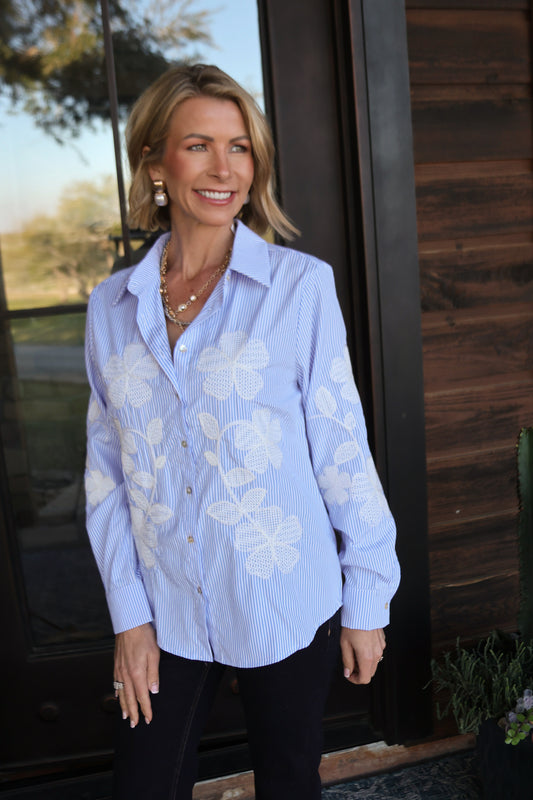 The Laurel Embroidered Stripe Button-Up