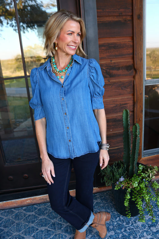The Calder Denim Puff Sleeve Top