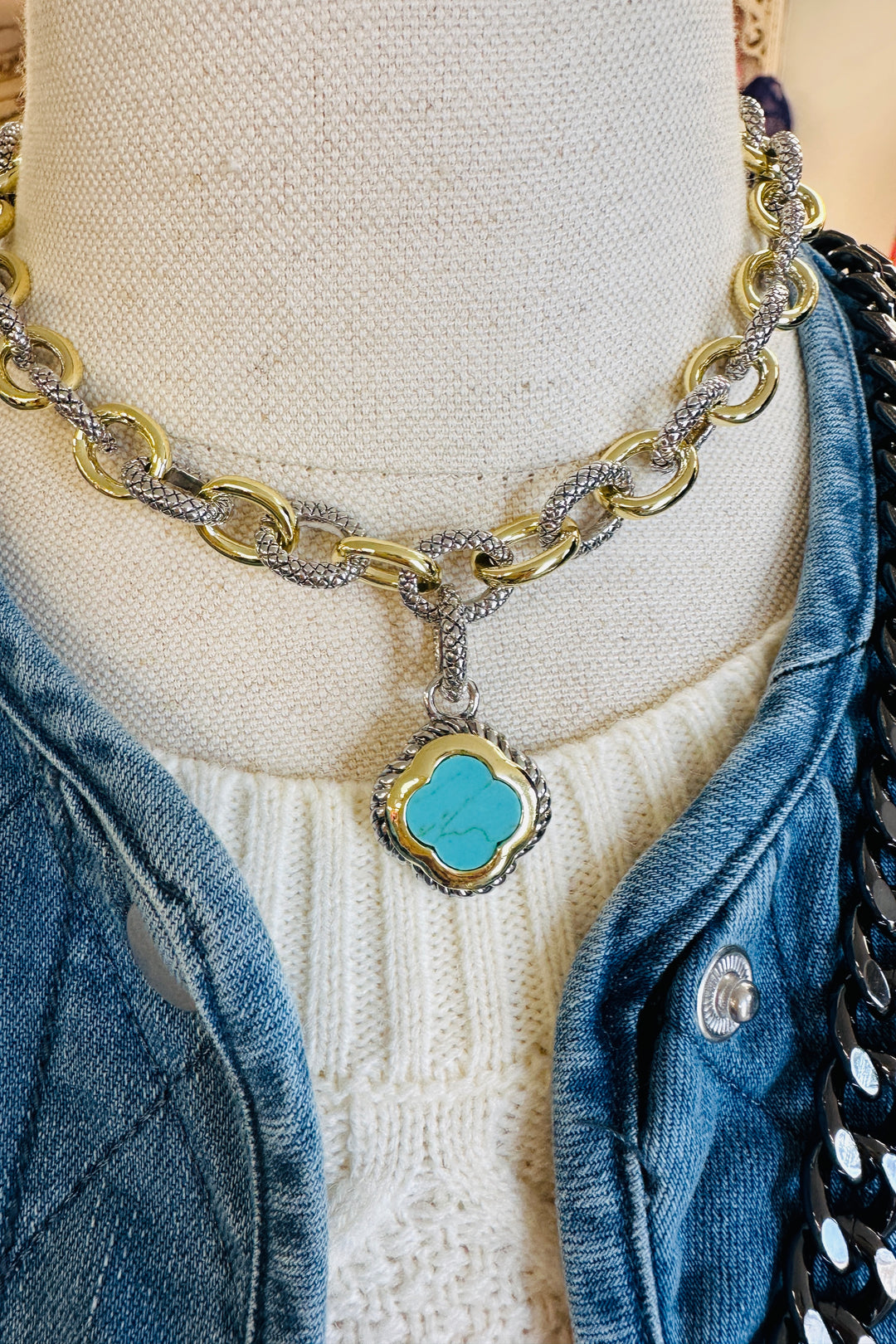 Luxe Gold and Silver Gemstone Link Necklace Clover Necklace