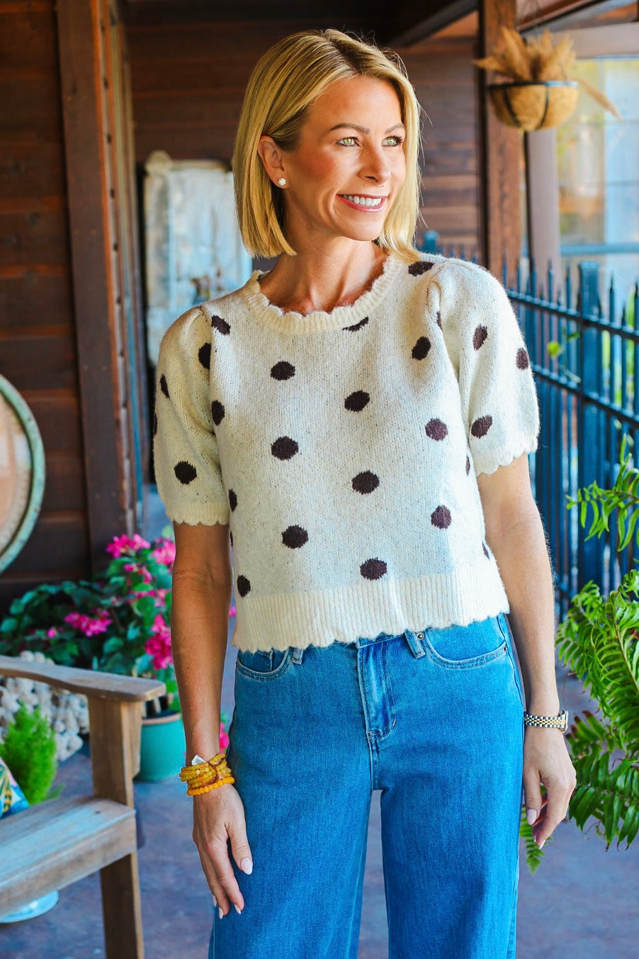 The Elodie Polka Dot Puff Sleeve Sweater – Ivory