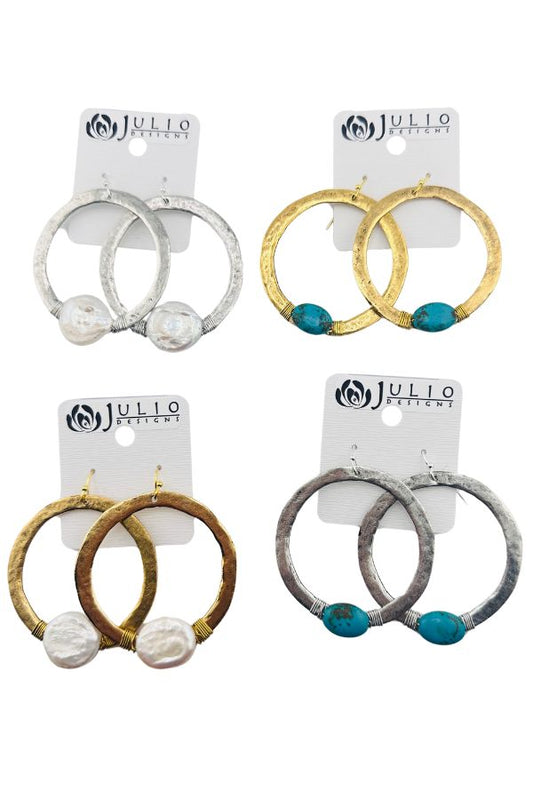 Julio Gold Hammered Hoops w/ Gemstones