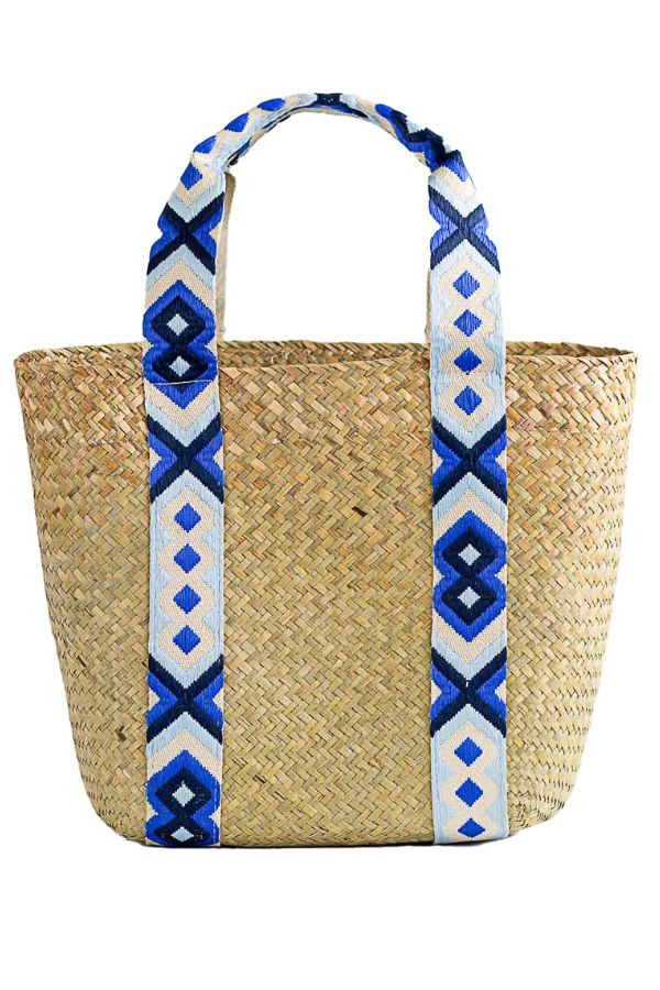 Exuma Straw Tote in Blue and Cream