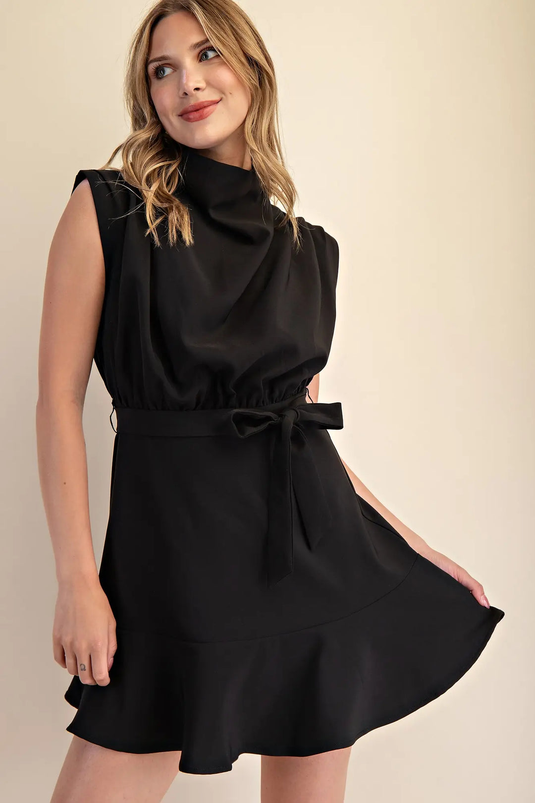 The Camille Cowl Neck Waist Tie Mini Dress – Black