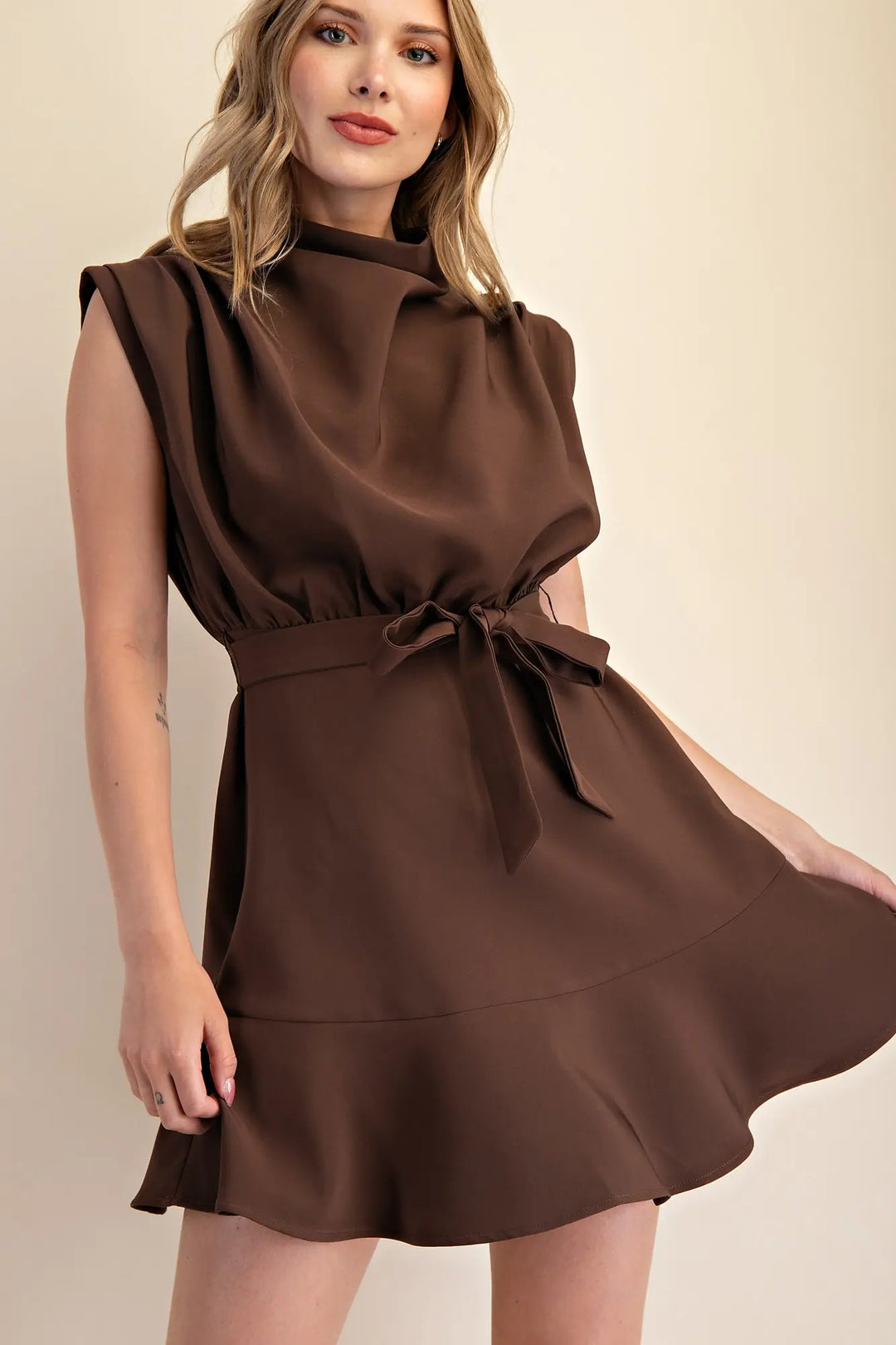 The Camille Cowl Neck Waist Tie Mini Dress – Chocolate