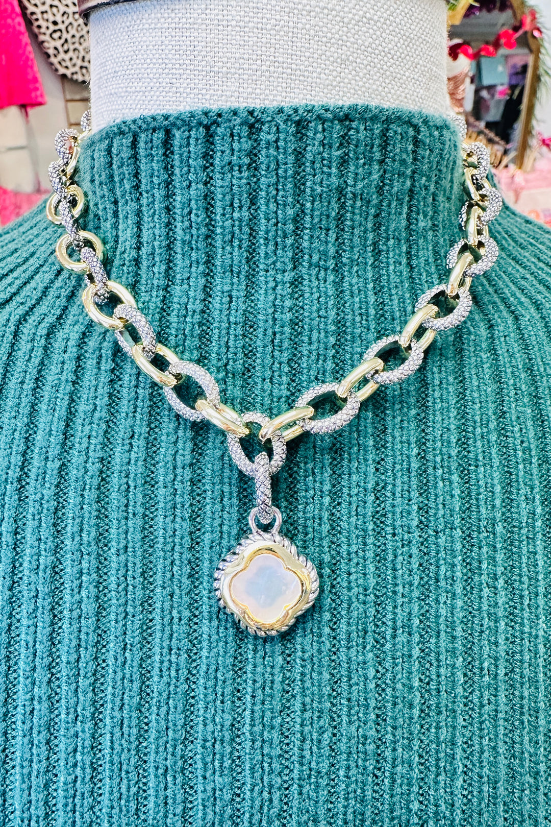 Luxe Gold and Silver Gemstone Link Necklace Clover Necklace