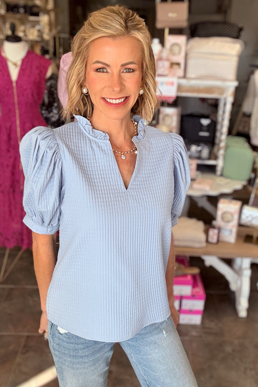 The Textured Puff Sleeve Top - Blue