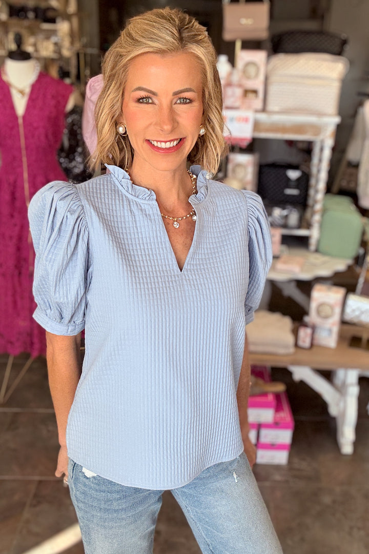 The Textured Puff Sleeve Top - Blue