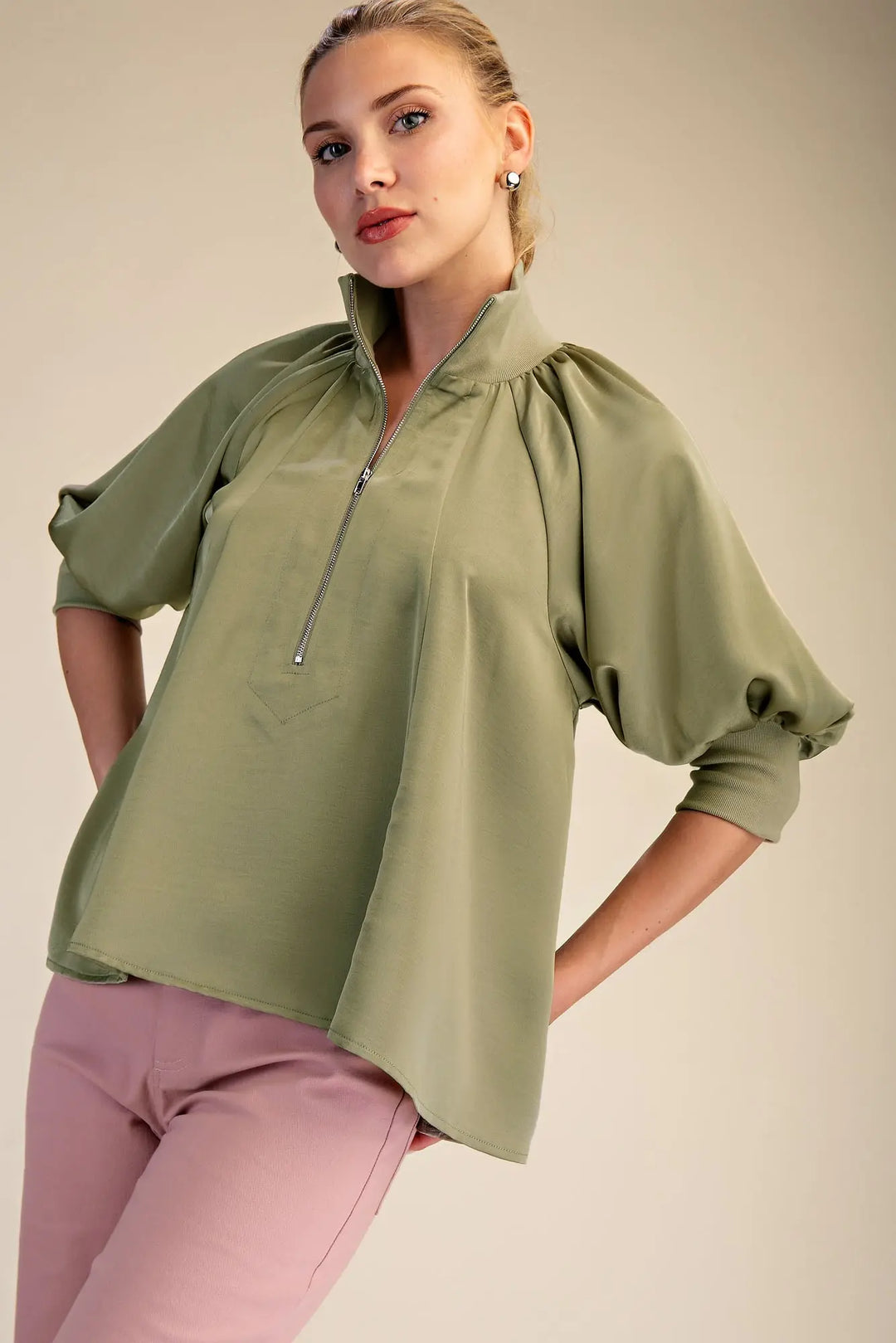 The Satin Statement Blouse – Sage