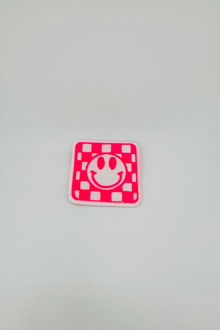 Neon Check Smiley Embroidered Patch