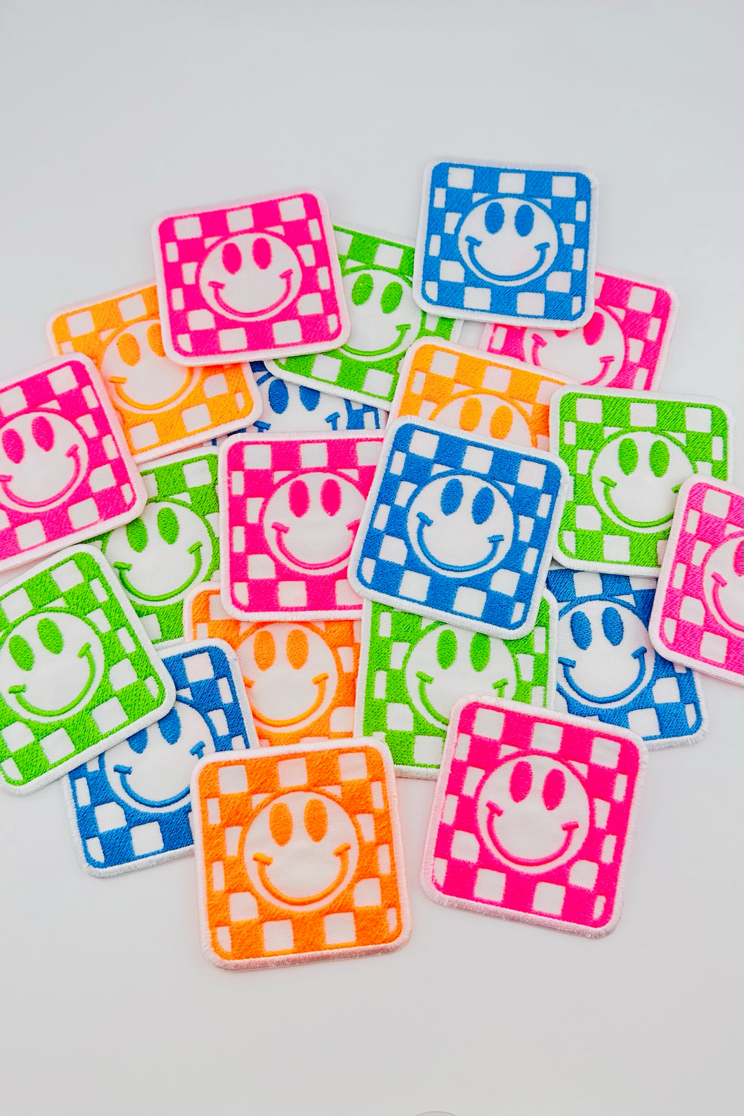 Neon Check Smiley Embroidered Patch