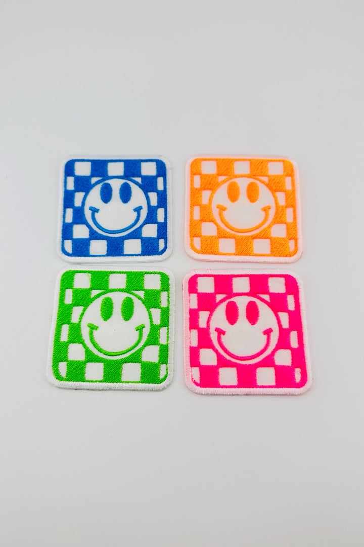 Neon Check Smiley Embroidered Patch