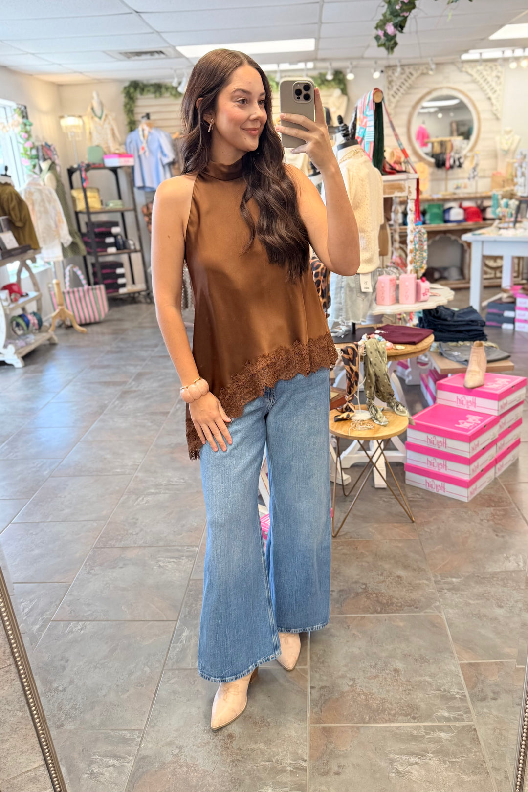 The Satin Lace Asymmetrical Hem Top – Chocolate