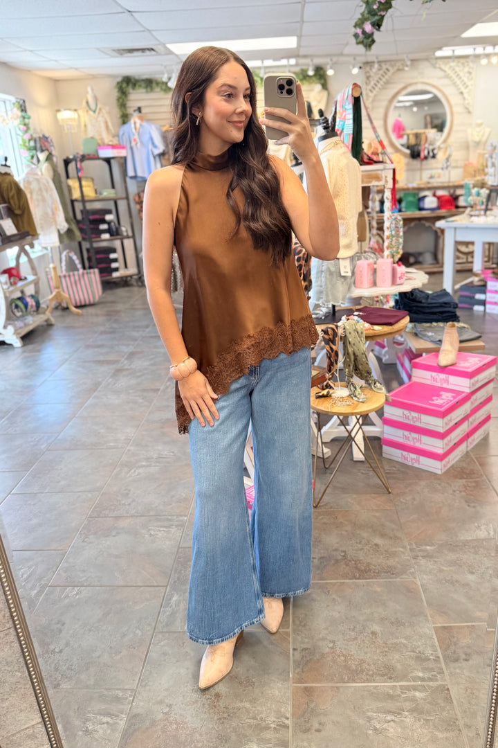 The Satin Lace Asymmetrical Hem Top – Chocolate