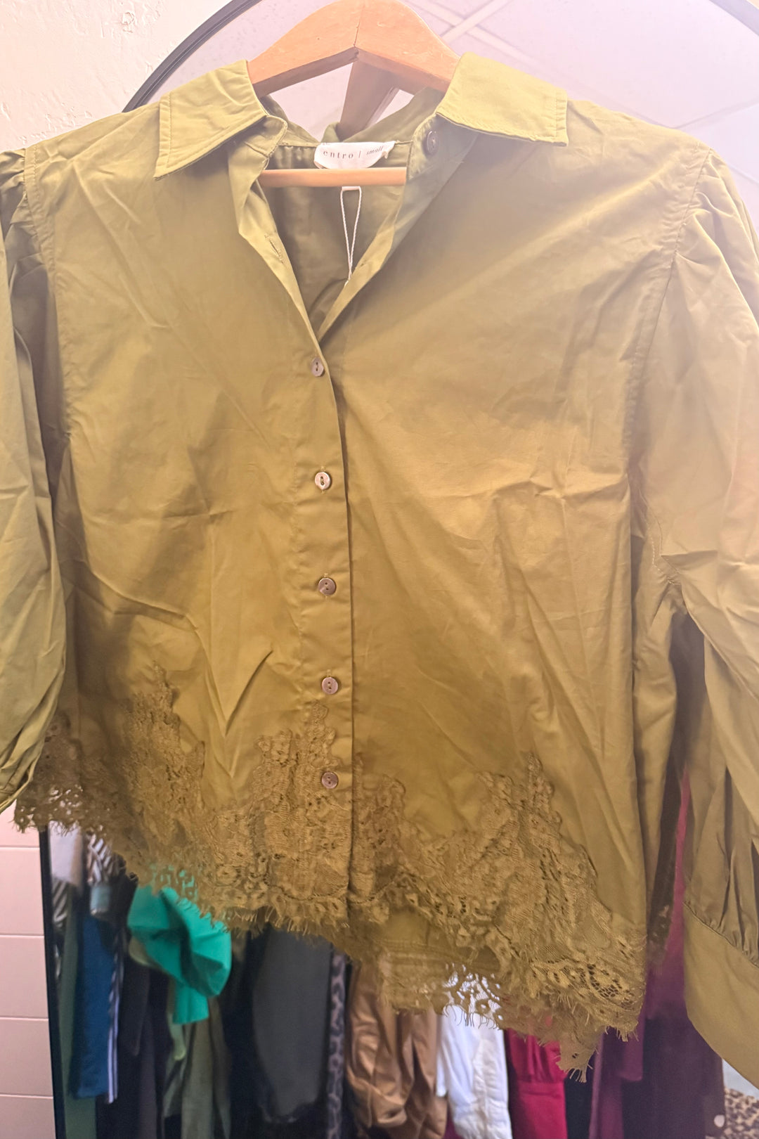 Entro Lace-Trim Button-Down Shirt, Martini Olive