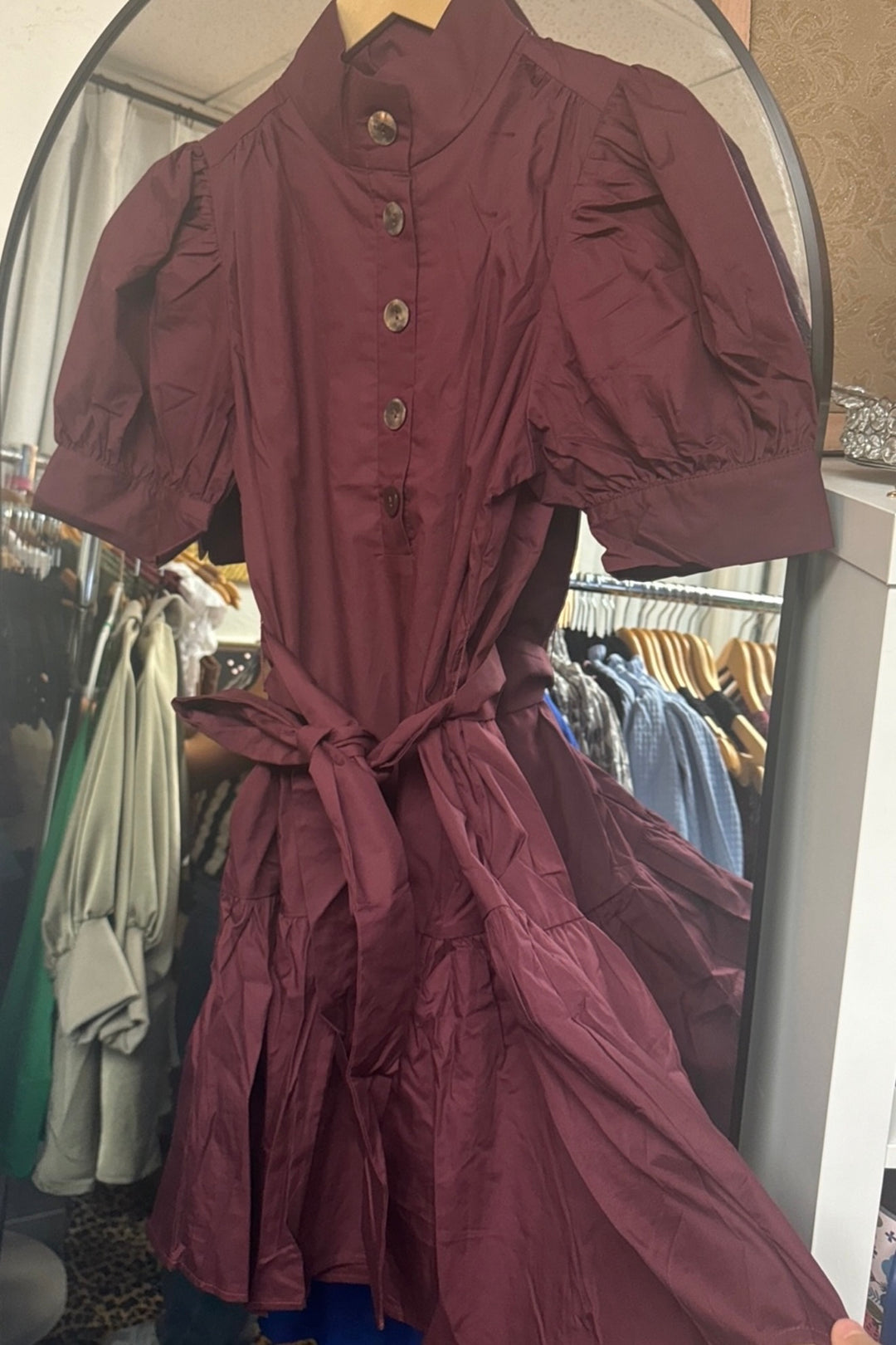 The Adeline Cotton Tie-Waist Dress – Burgundy