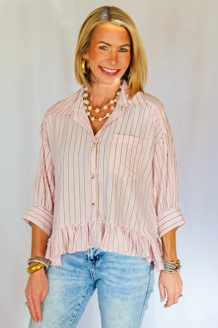 The Blush Stripe Ruffle Button-Up