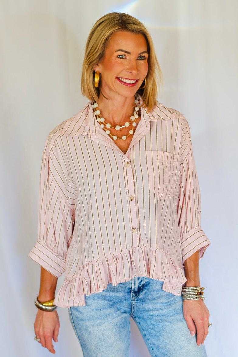 The Blush Stripe Ruffle Button-Up