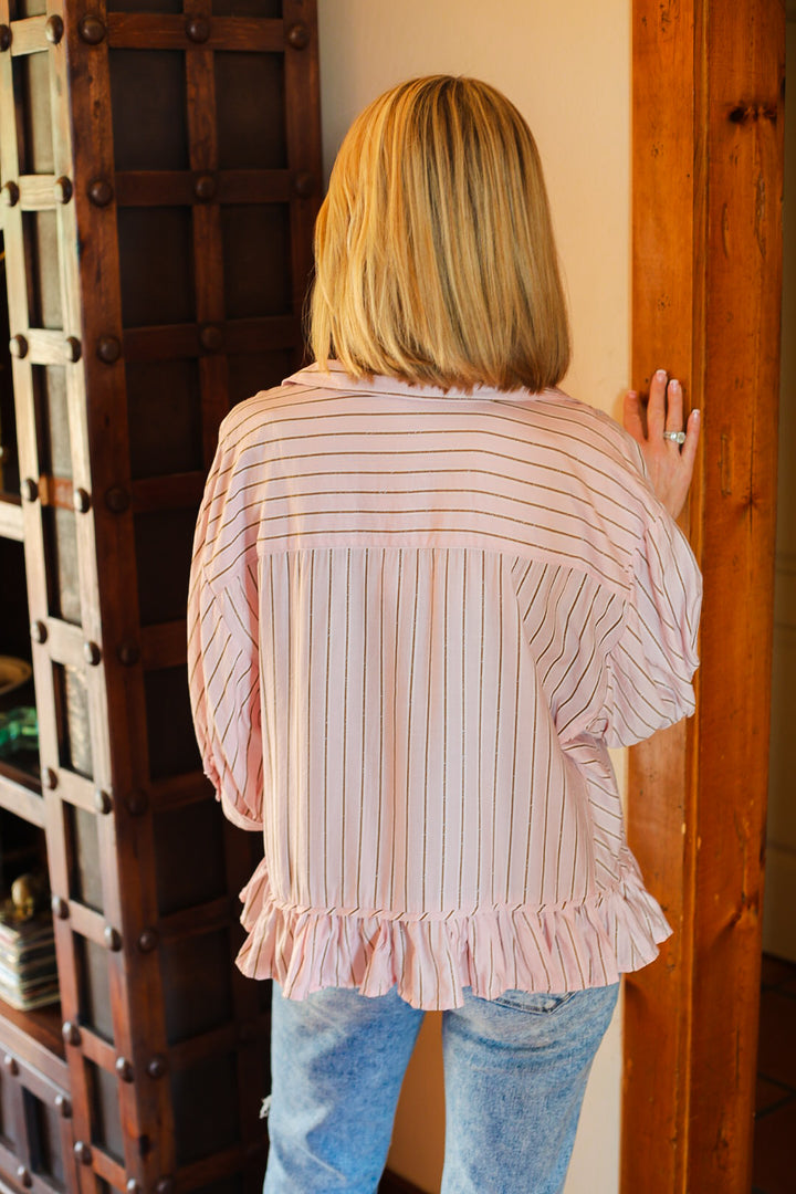 The Blush Stripe Ruffle Button-Up