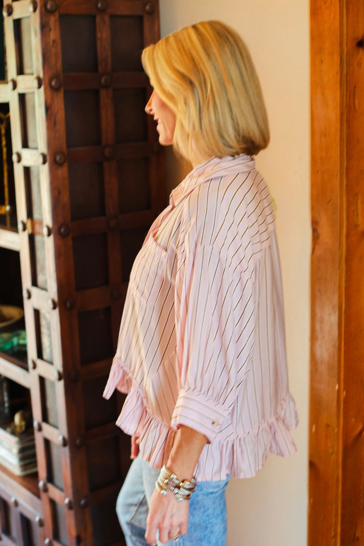 The Blush Stripe Ruffle Button-Up