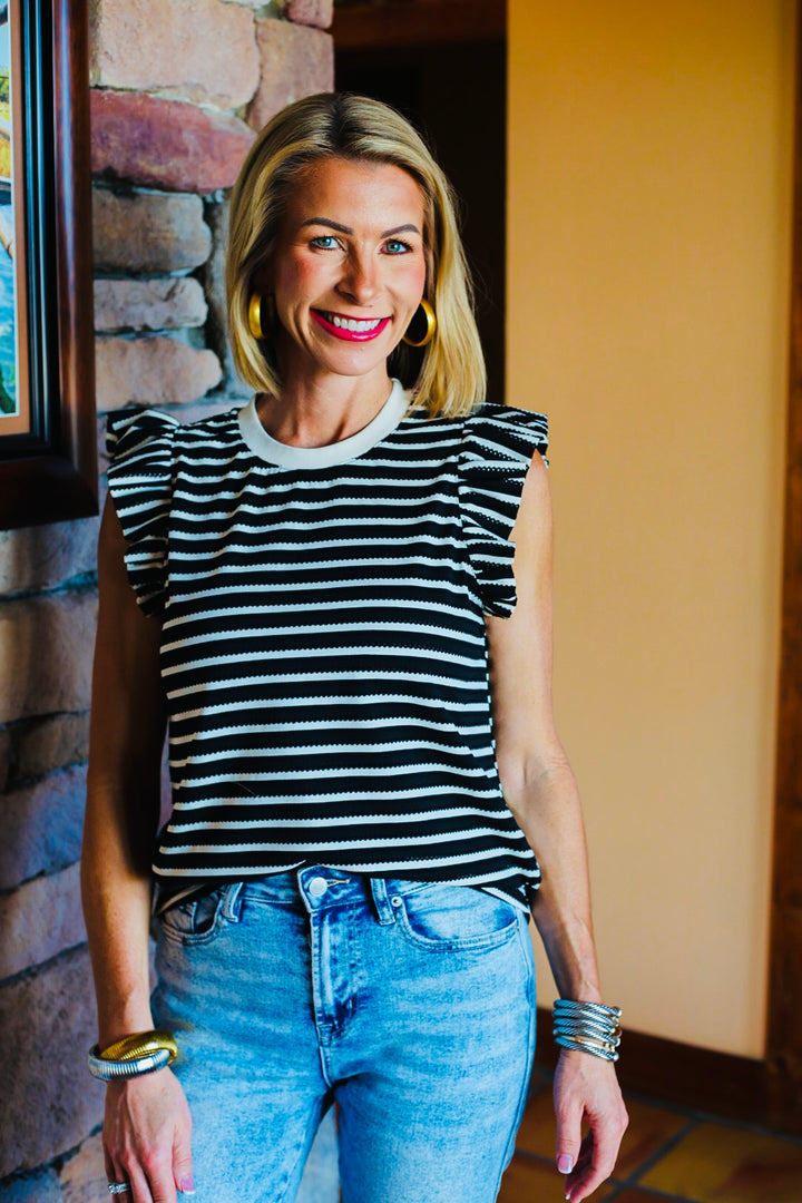 The Brielle Stripe Ruffle Top – Black