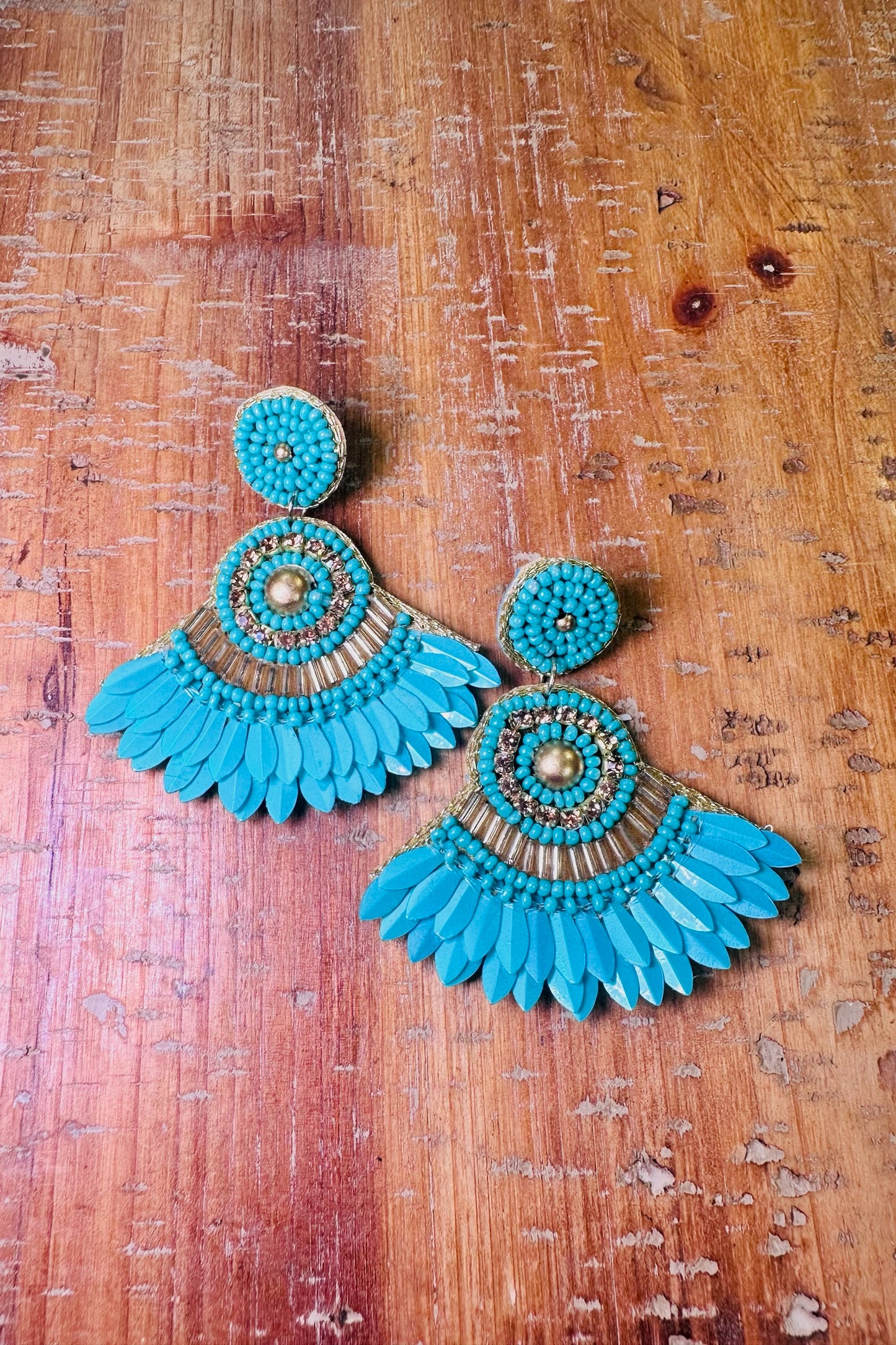 Gold & Turquoise Beaded Feather Earrings